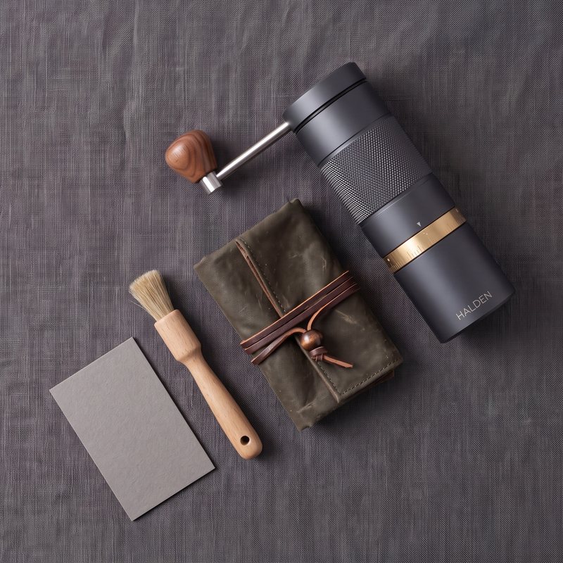 Halden One with cleaning brush, waxed cotton pouch and settings card, flat lay