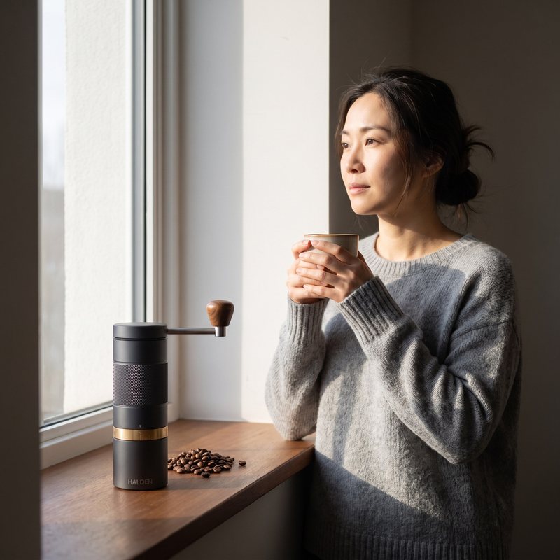Halden One on a window sill with coffee beans, woman with a cup beside it