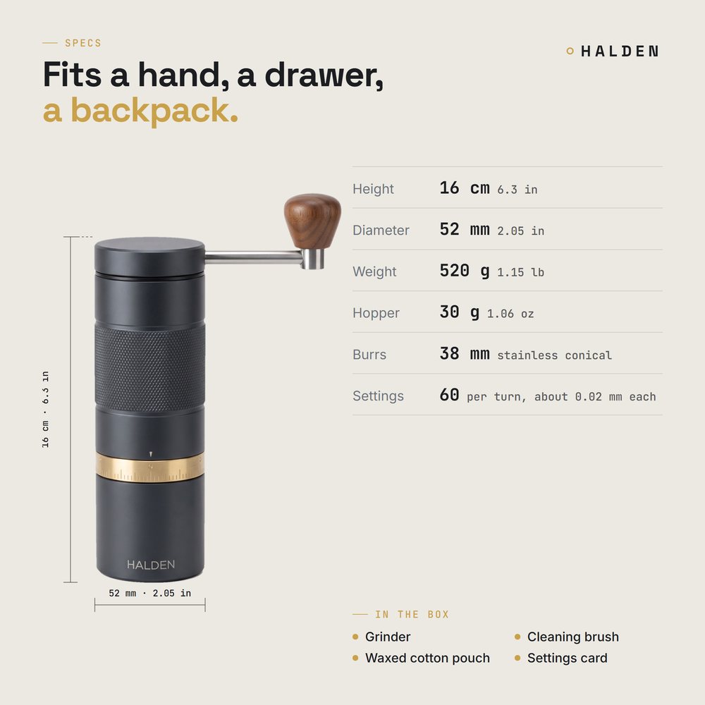 Halden One dimensions and specs: 16 cm, 52 mm, 520 g, 30 g hopper, 38 mm burrs, 60 settings