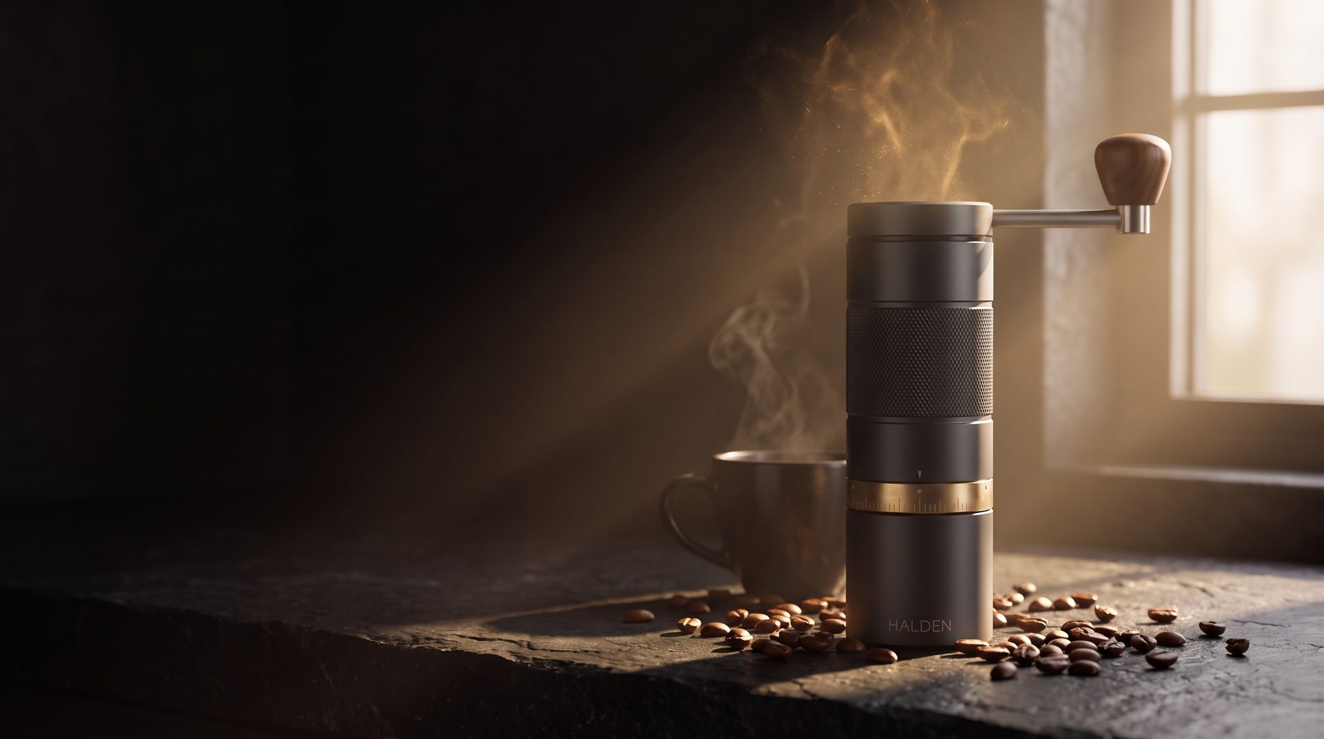 Halden One grinder in a shaft of morning light with coffee dust in the air