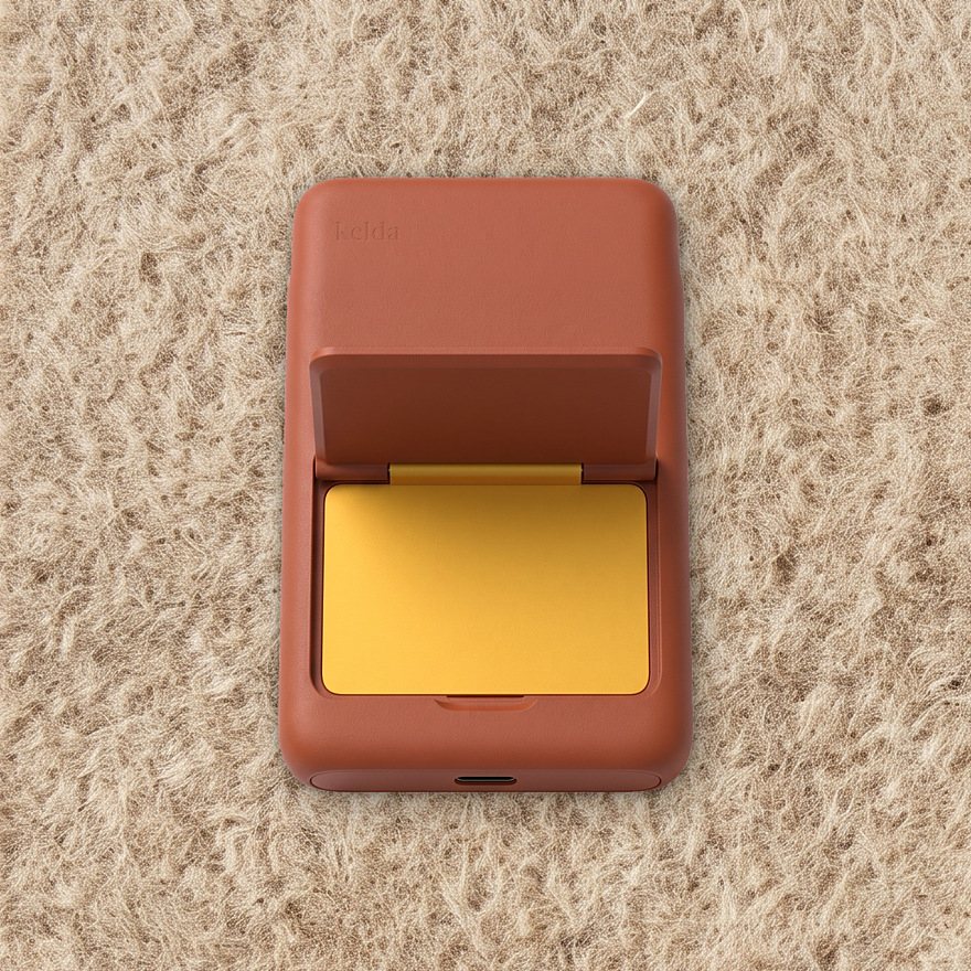 Kelda 37 in Clay, stand open to the marigold inside, on oatmeal wool