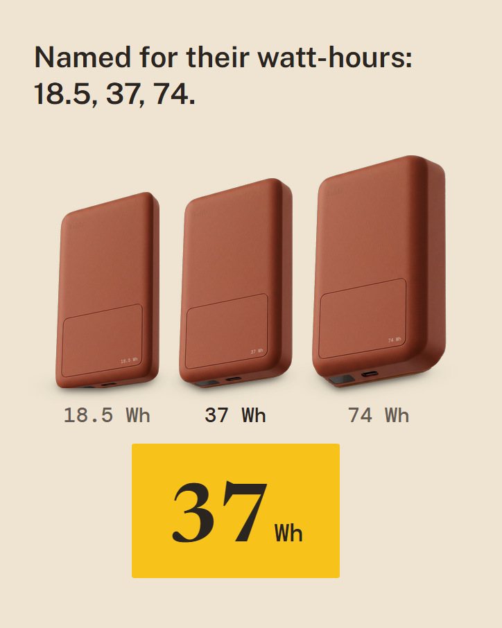 Kelda 18.5, 37 and 74 power banks in Clay at true relative scale on oatmeal paper