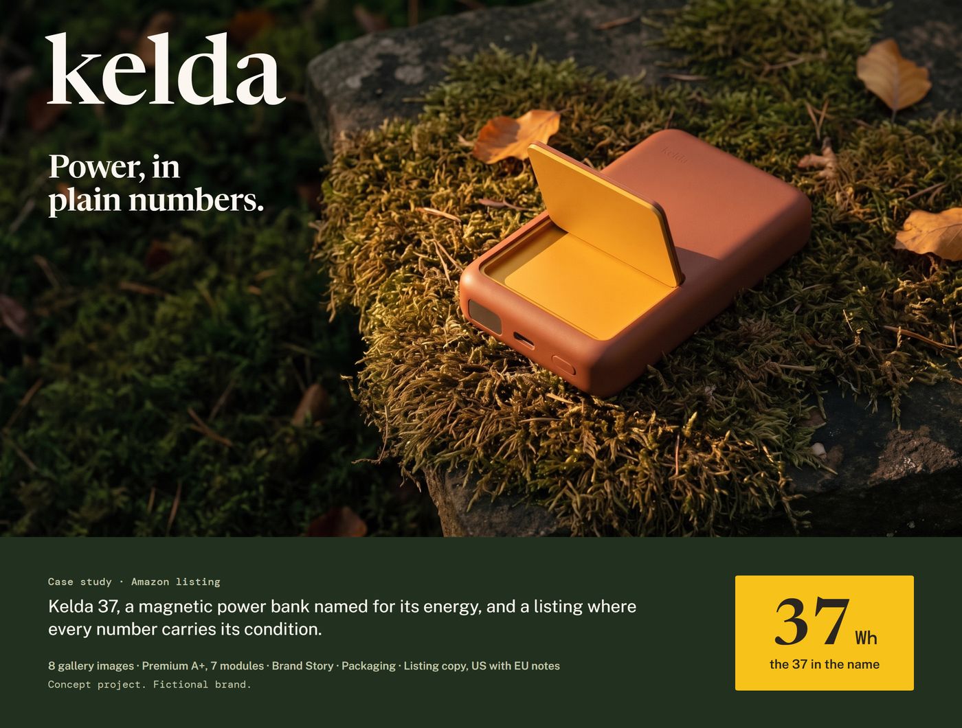 Case cover: the terracotta Kelda 37 with its marigold stand open on moss, the kelda wordmark, Power, in plain numbers., and a 37 Wh plate