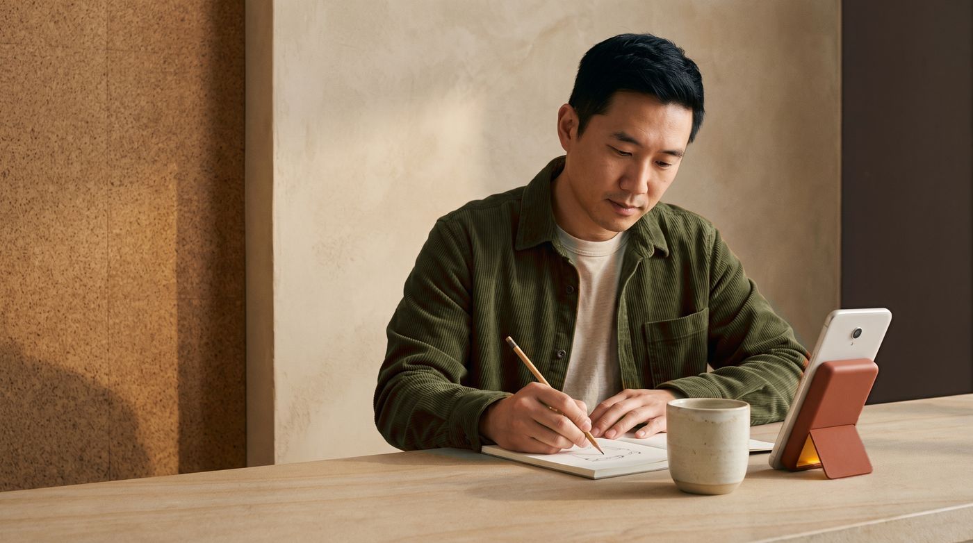 Opening photograph: a man sketching in a notebook at a cafe counter, a cup and a phone on the open Kelda stand beside him