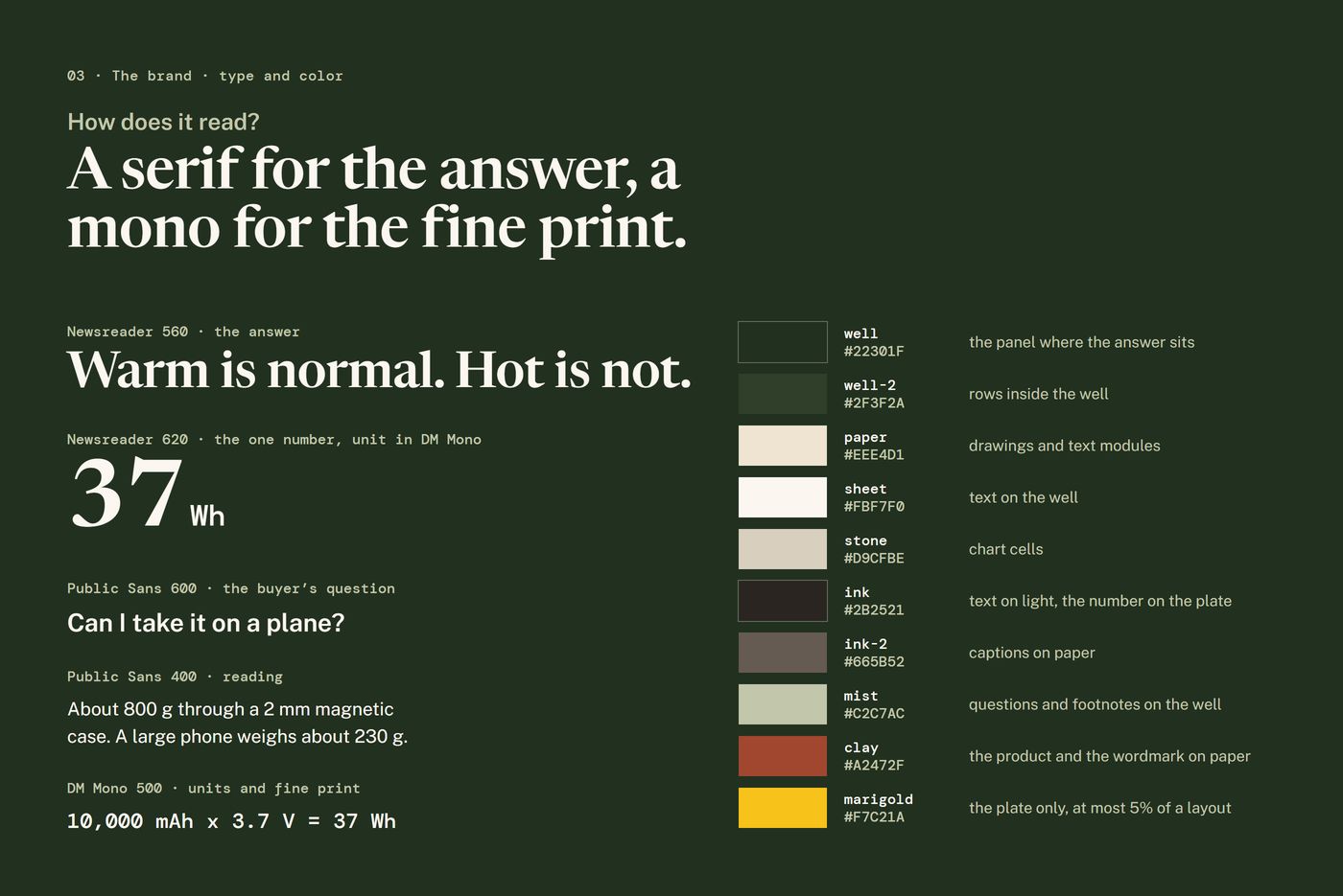 Chapter 03, type and color: Newsreader, Public Sans and DM Mono on lines from the listing, and ten colors with their jobs