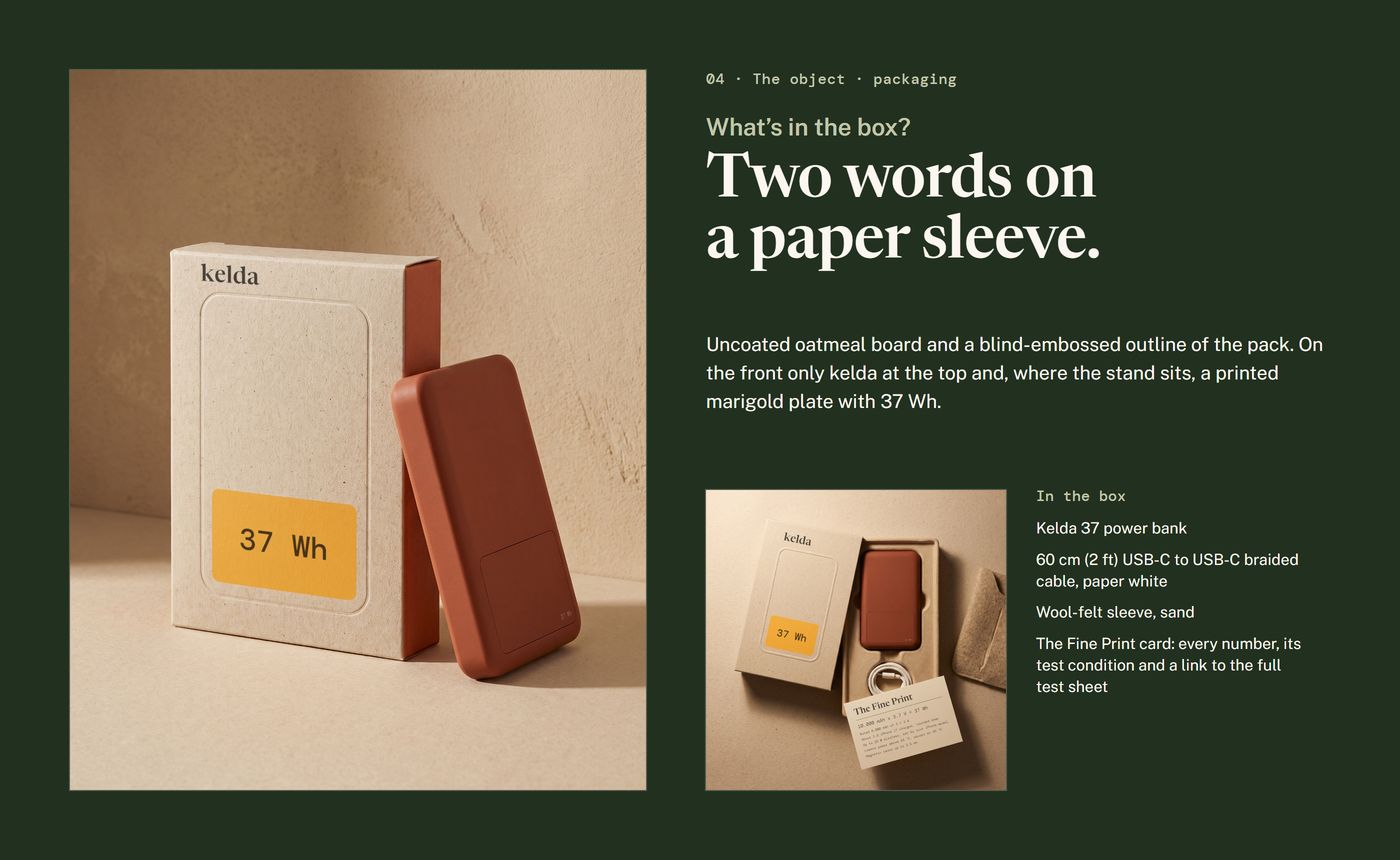 Chapter 04, packaging: the paper sleeve with kelda and 37 Wh, the open box from above, and what is in it
