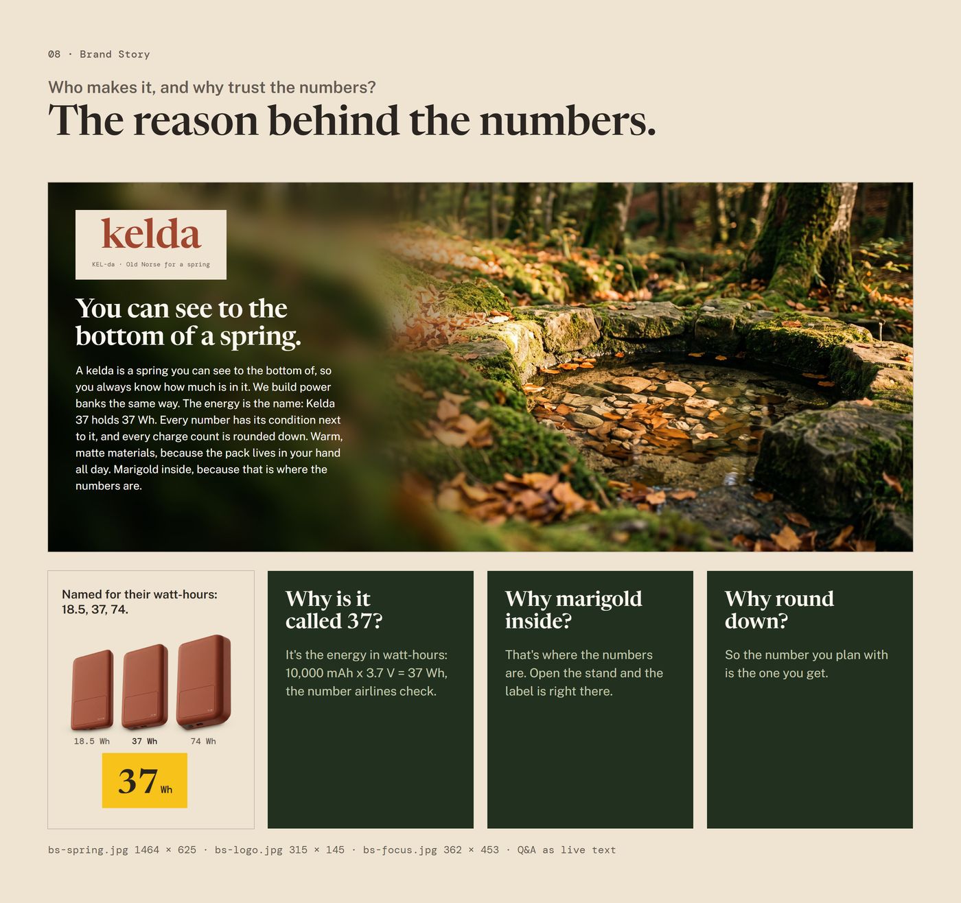 Chapter 08, Brand Story: a spring in beech woods with the wordmark and text, the line card and three answers