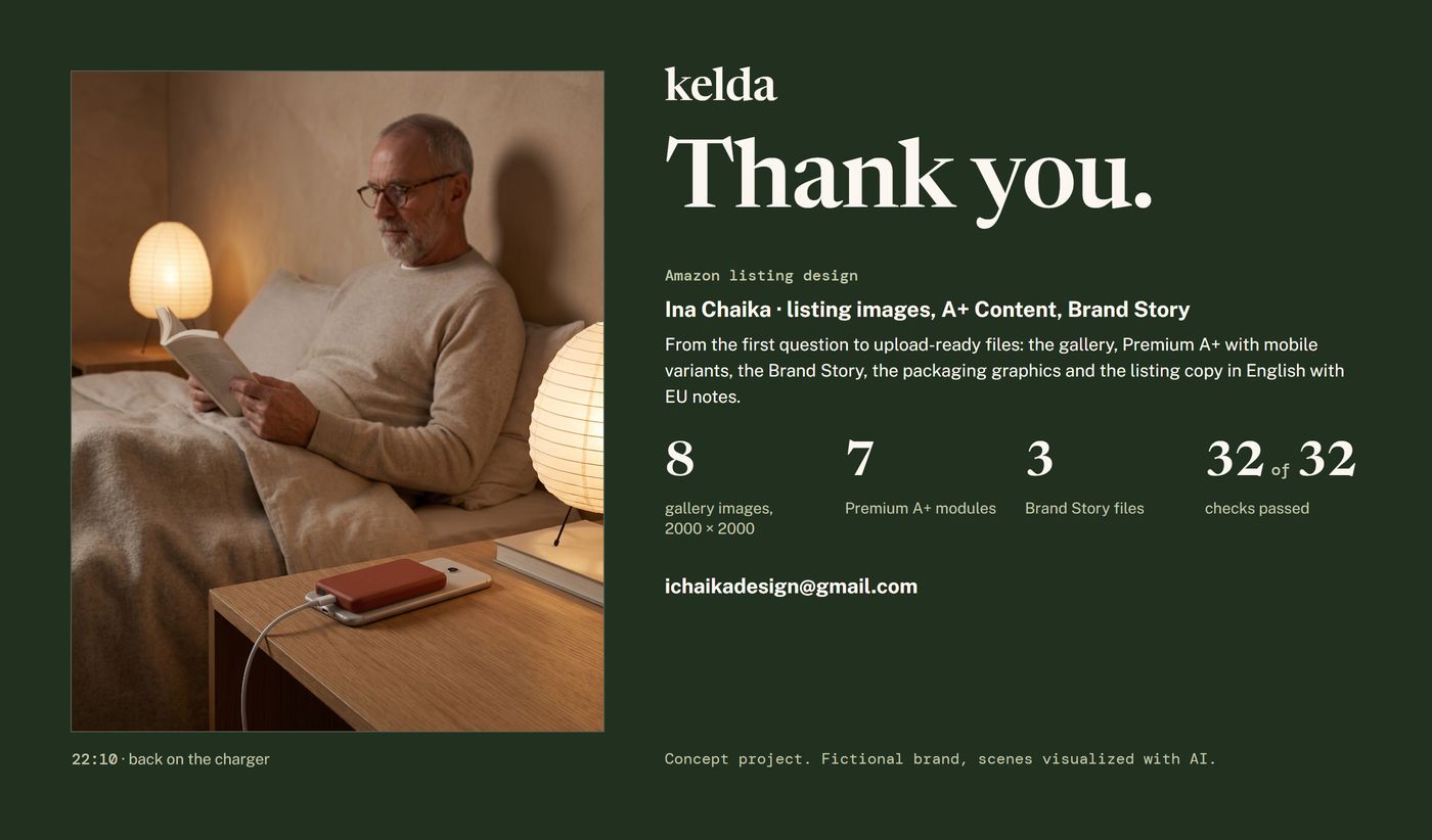 Closing panel: a bedside at 22:10 with the pack charging on a phone, thank you, the deliverables and contact