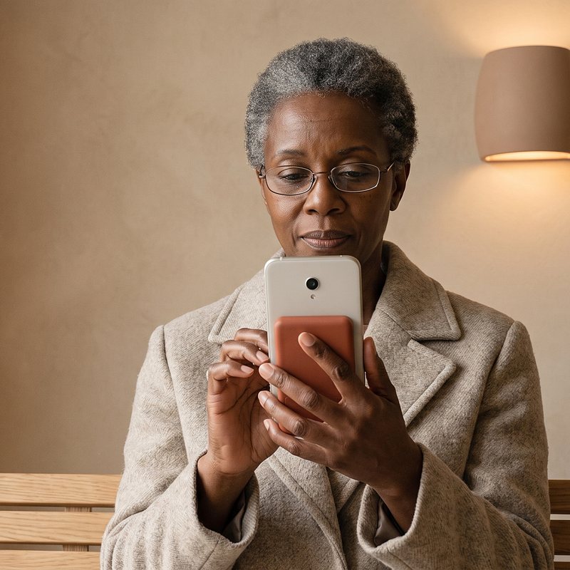 Woman on a waiting-room bench holding a phone, the Kelda 37 pack on its back