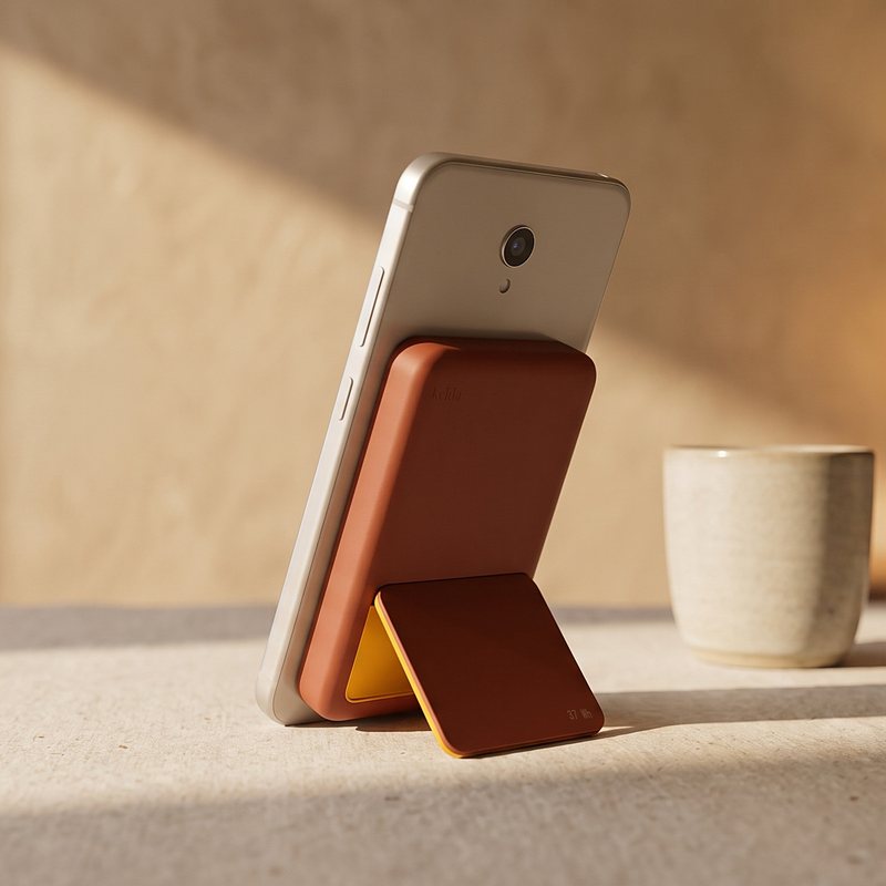 Phone standing in portrait on the open Kelda 37 stand on a kitchen table