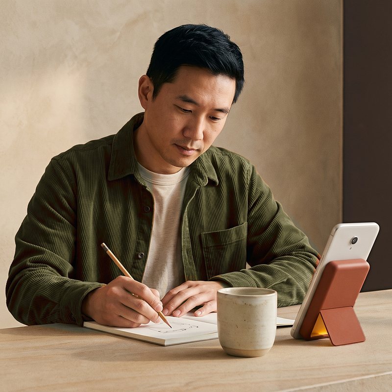 Man sketching at a cafe counter, his phone on the open Kelda 37 stand