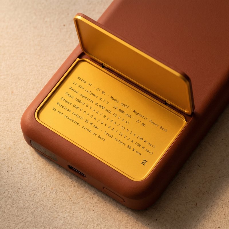 Close-up of the stand open on the marigold inlay, the printed label reads 37 Wh