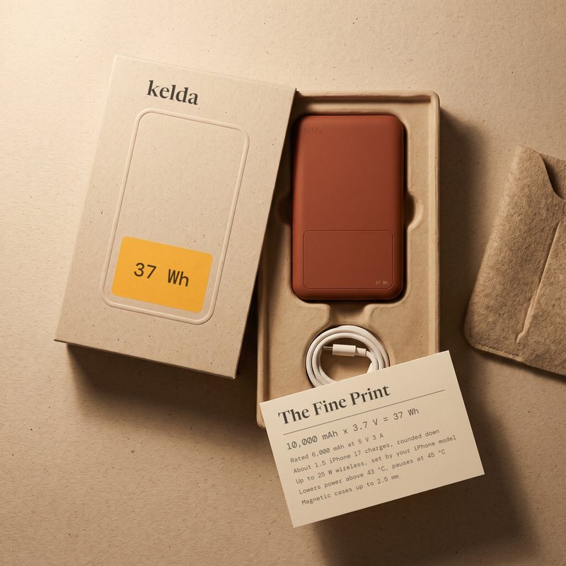 Open Kelda 37 box from above: pack in its pulp tray, coiled cable, felt sleeve, The Fine Print card