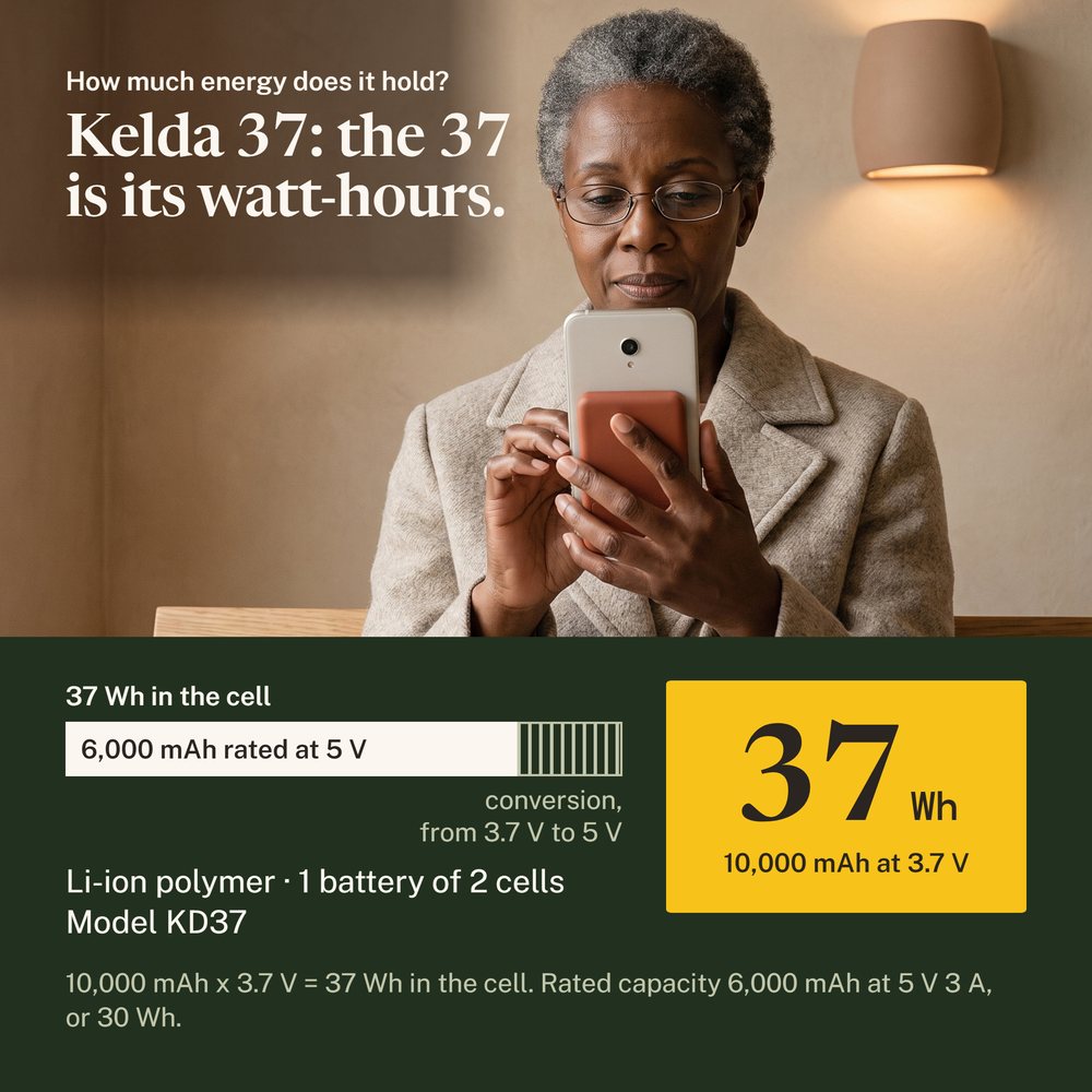 Woman on a waiting-room bench holding a phone, the Kelda 37 pack on its back