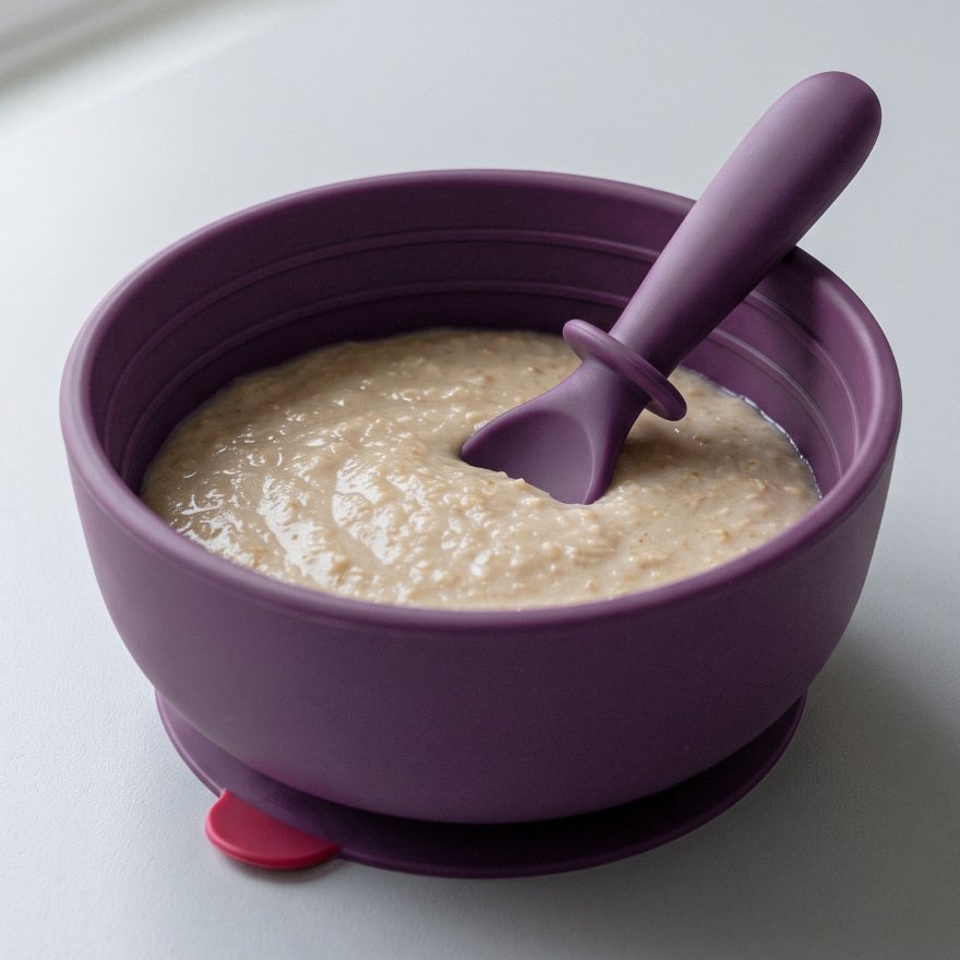 Short Linnet spoon resting in the bowl of oatmeal