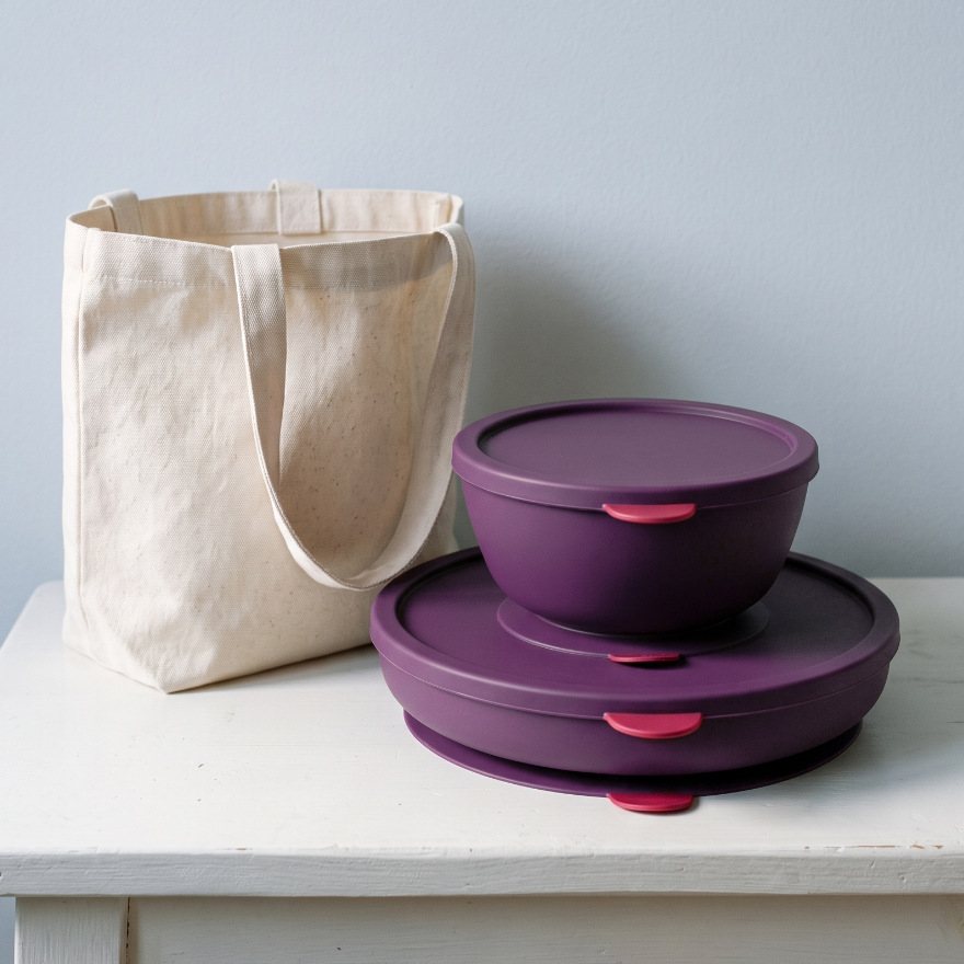 Linnet plate and bowl with lids on beside a canvas tote
