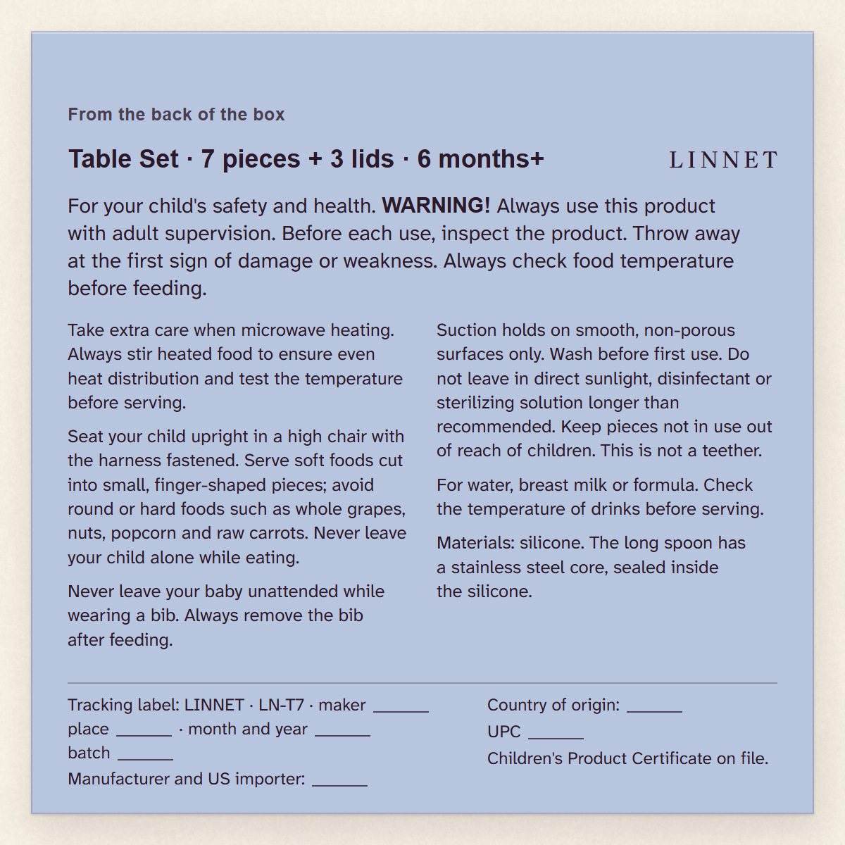 Back of the Linnet box: age, count, warnings, materials and the tracking label