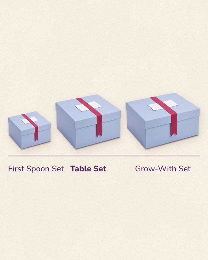 The Linnet line: First Spoon, Table and Grow-With boxes at true size