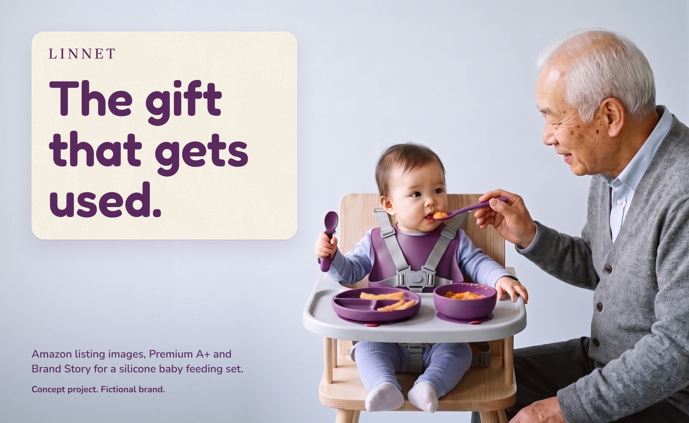 Case cover like a picture-book cover: a grandfather feeds a baby girl from the plum Linnet set; on the wall to the left a cream sheet with the LINNET mark and 'The gift that gets used.'