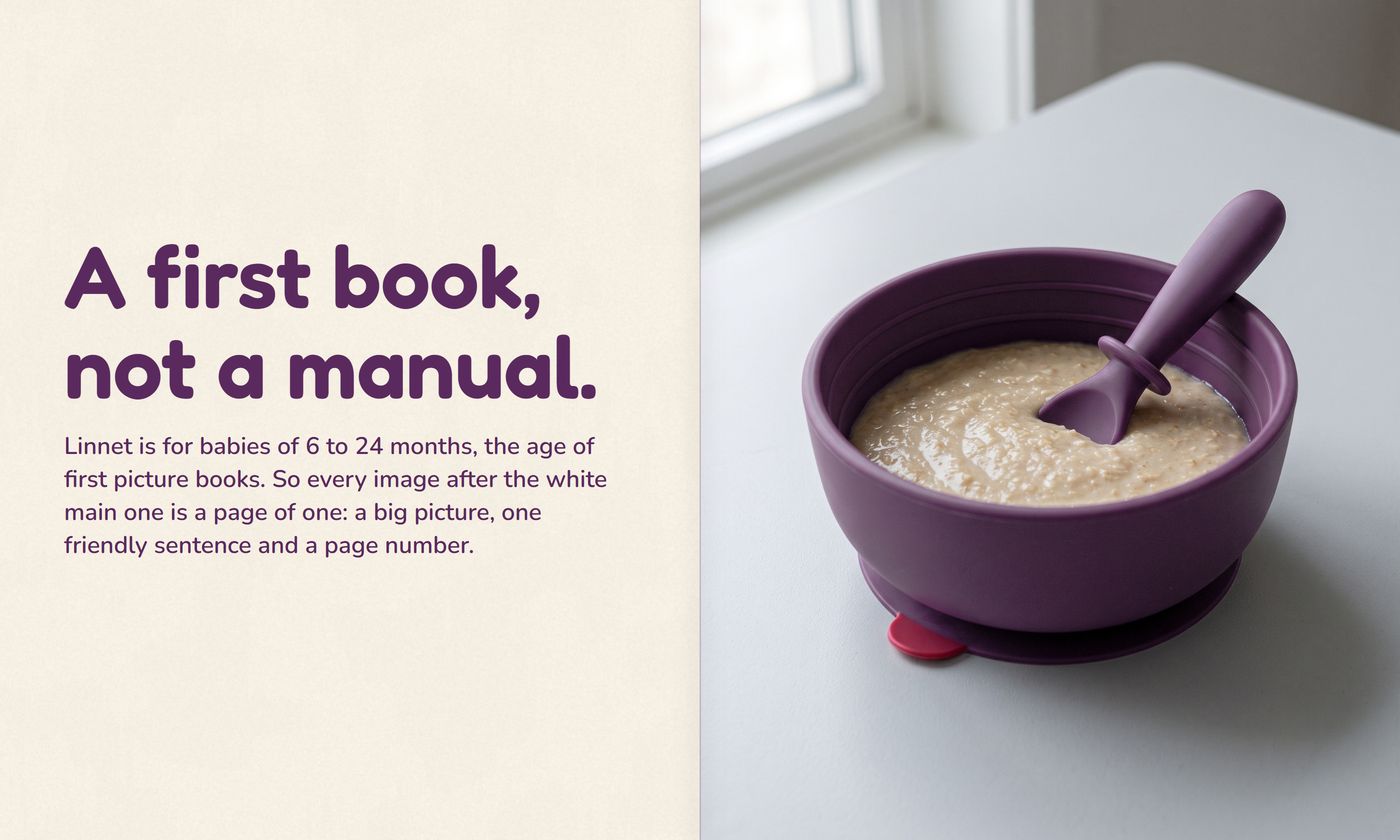 First spread: on the left 'A first book, not a manual.' and why, the set is bought in the months of first books; on the right a bowl of oatmeal across the whole page