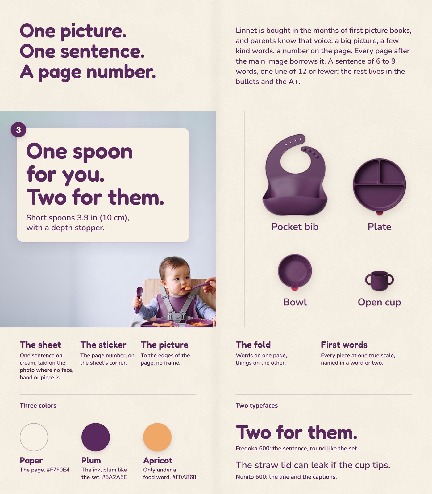 The system, 'One picture. One sentence. A page number.': the sheet, the sticker and the photo to the edges on page 3, the fold and first words, three colors and two typefaces