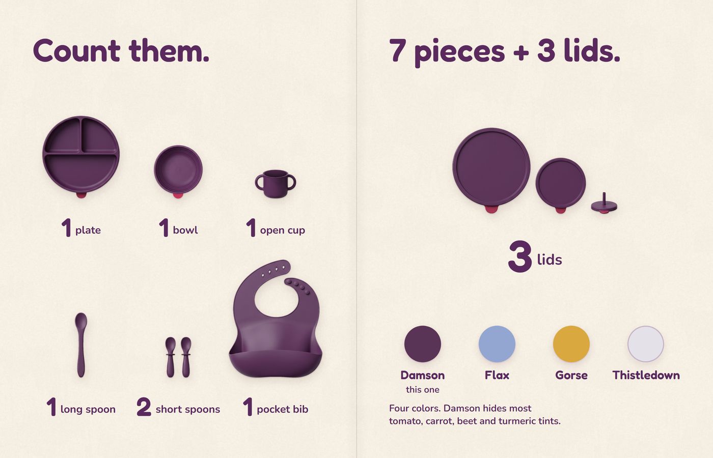 The counting page, 'Count them.' and '7 pieces + 3 lids.': every piece at one scale and the set's four colors as dots