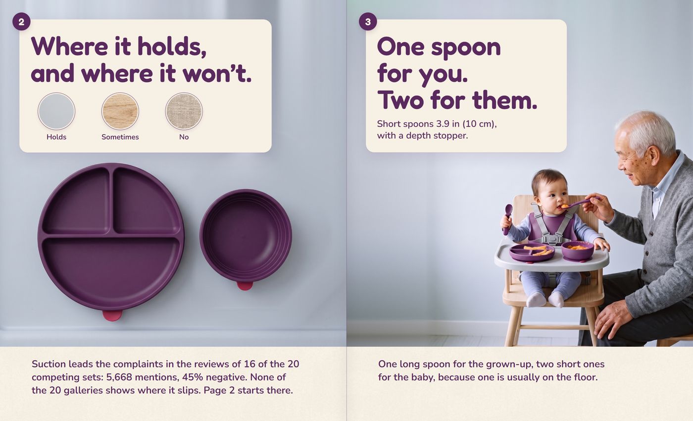 Spread 02–03 large: where suction holds and where it won't; 'One spoon for you. Two for them.'