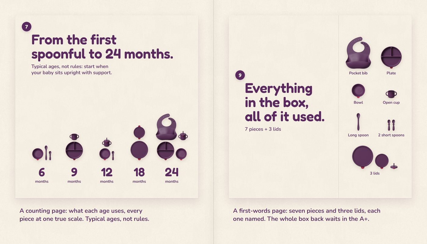 Pages 07 and 09: the counting page from 6 to 24 months and the first-words page, seven pieces and three lids, each named