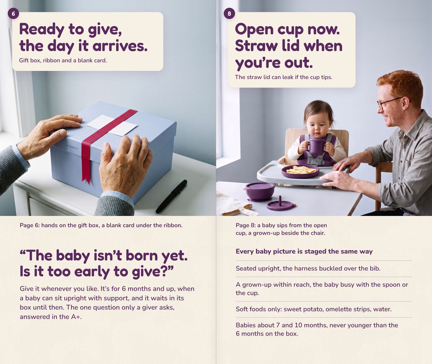 For the one who pays: pages 6 and 8 with people, the giver's question 'The baby isn't born yet. Is it too early to give?' and how every baby picture is staged