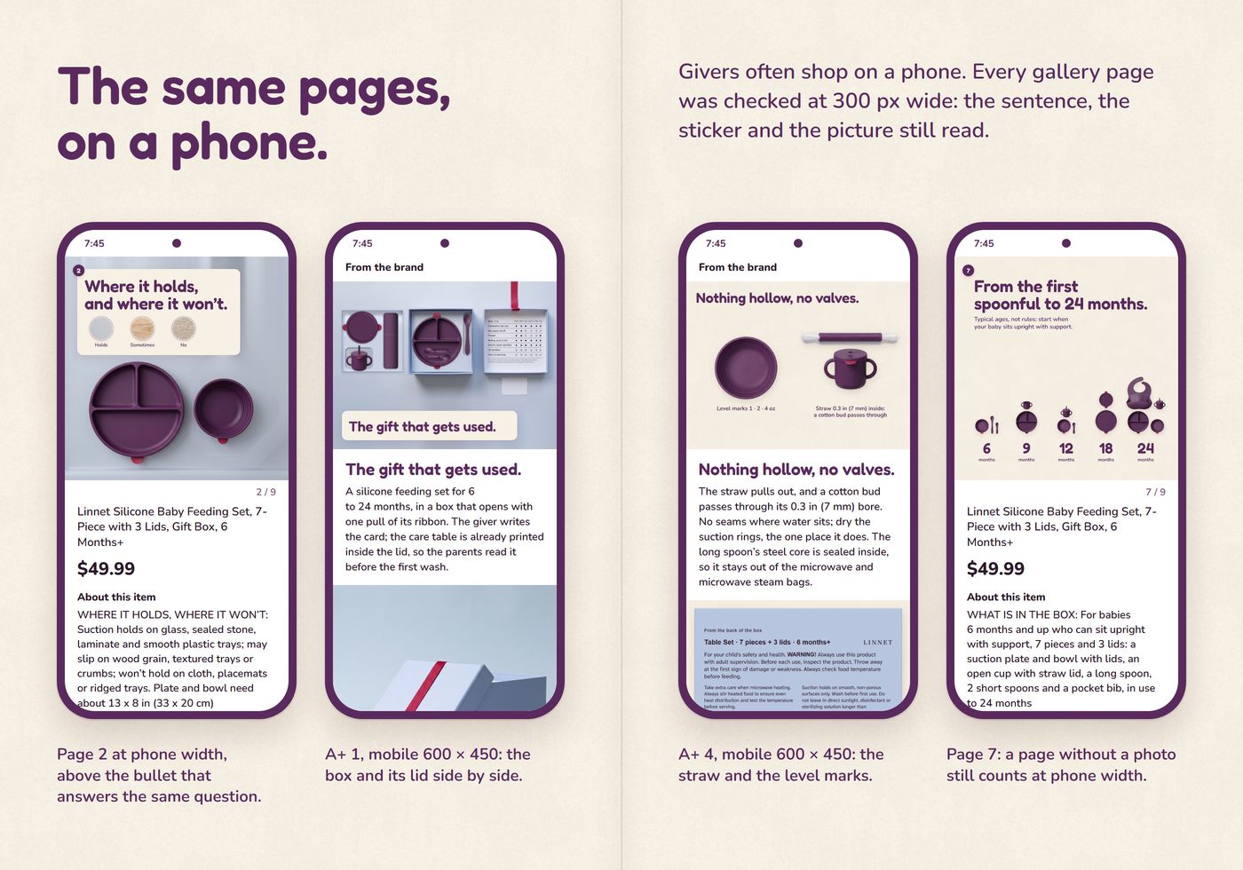 'The same pages, on a phone.': four phones, page 2 with the price and a bullet, mobile A+ 1 and 4, page 7