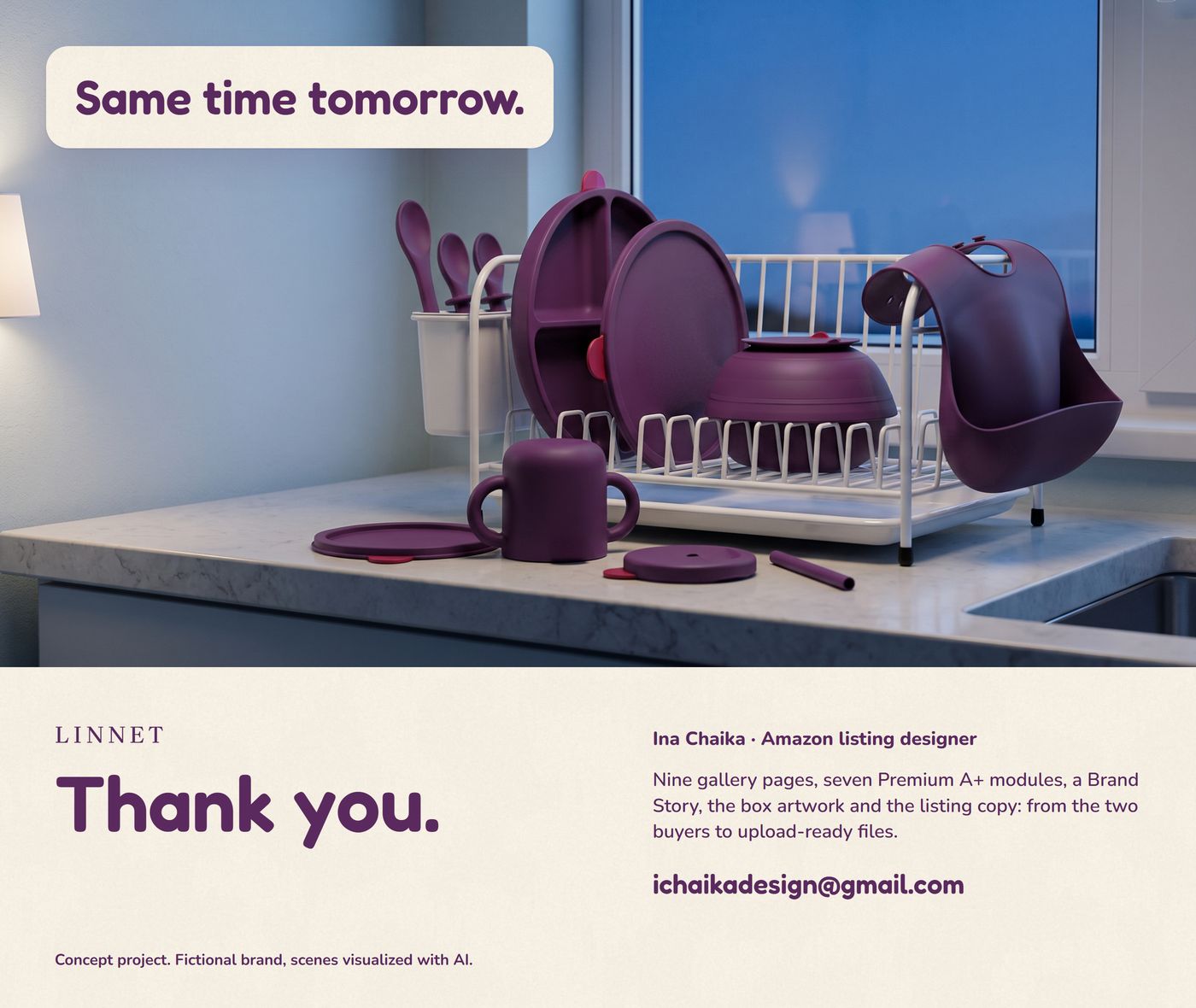 Back cover: the pieces dry on the rack in the blue of dusk, 'Same time tomorrow.', 'Thank you.', what was made and the contact