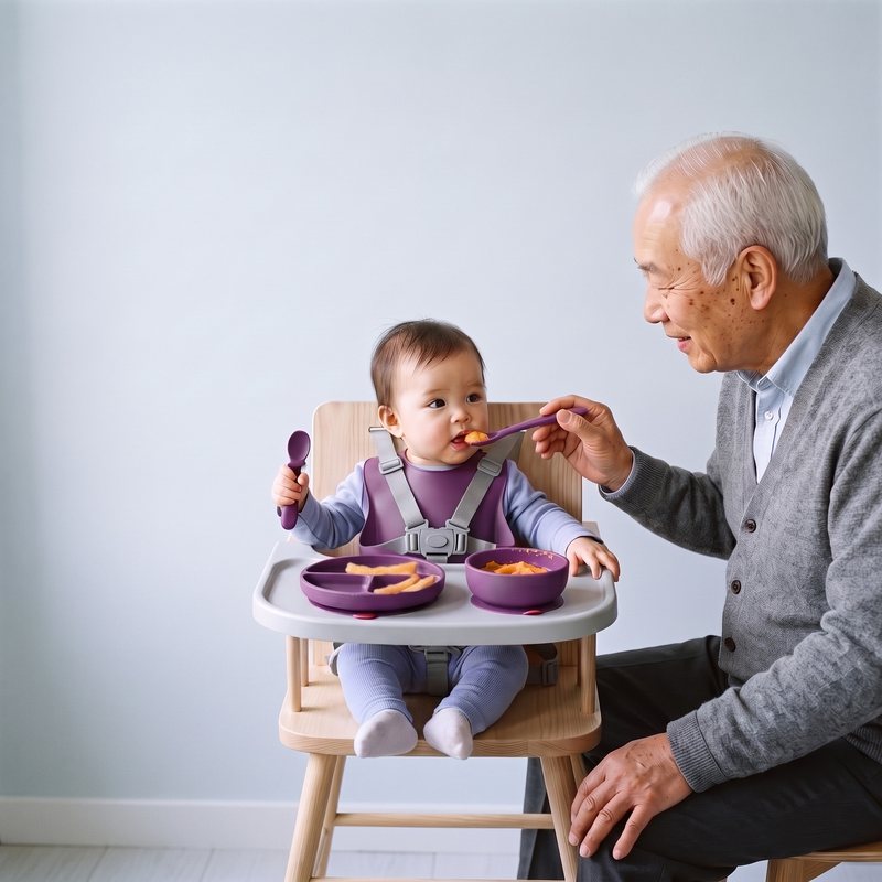 AI-generated grandfather feeding a 7-month-old in a high chair, harness on, Linnet spoons