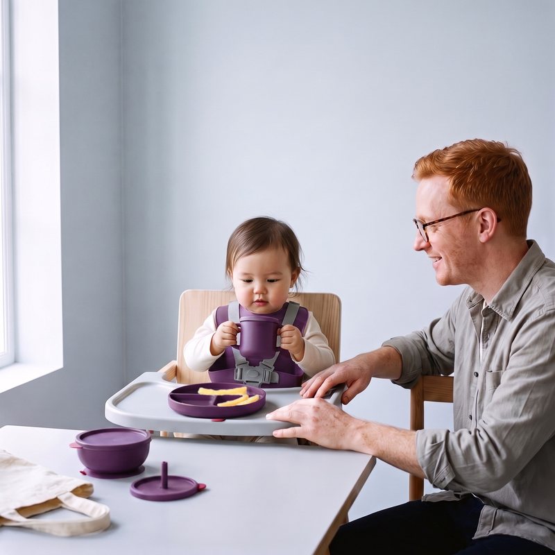 AI-generated 10-month-old holding the Linnet open cup by both handles, father beside her