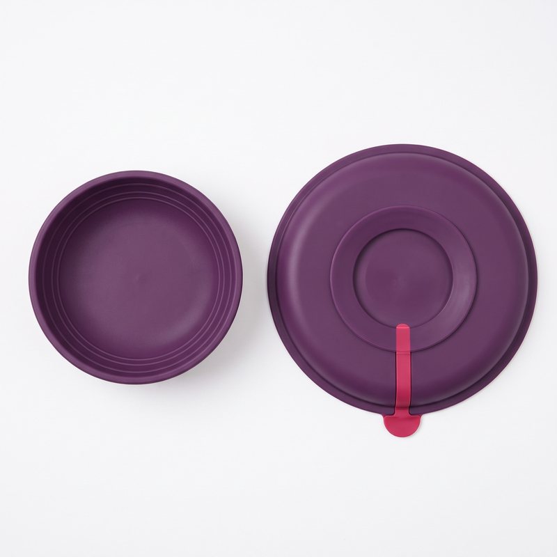 Open Linnet bowl with its level rings, and the plate underside with the suction ring and raspberry release tab
