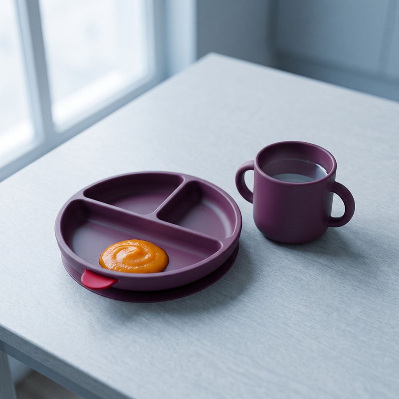Linnet divided plate with sweet potato puree beside the open cup with water