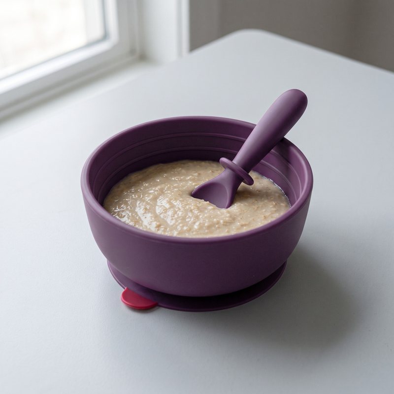 Short Linnet spoon with its depth stopper resting in the bowl of oatmeal