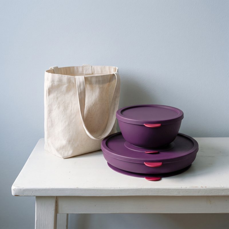 Linnet plate and bowl with lids on beside a canvas tote