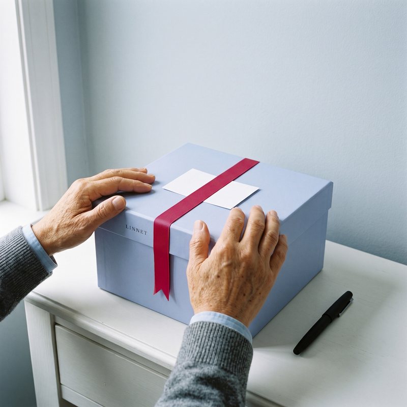 AI-generated hands resting on the Linnet gift box, a blank card under the raspberry ribbon