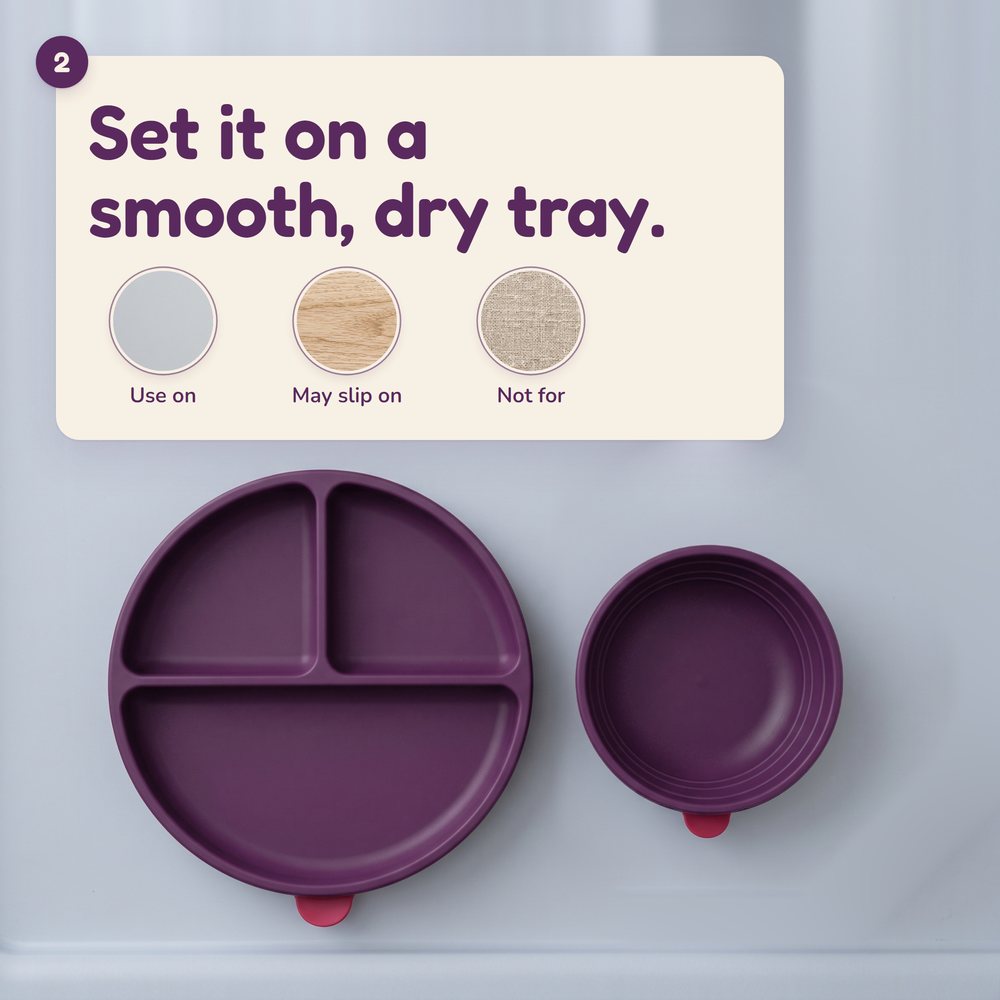 Damson plate and bowl on a smooth tray: where suction holds, where it may slip, where it won't