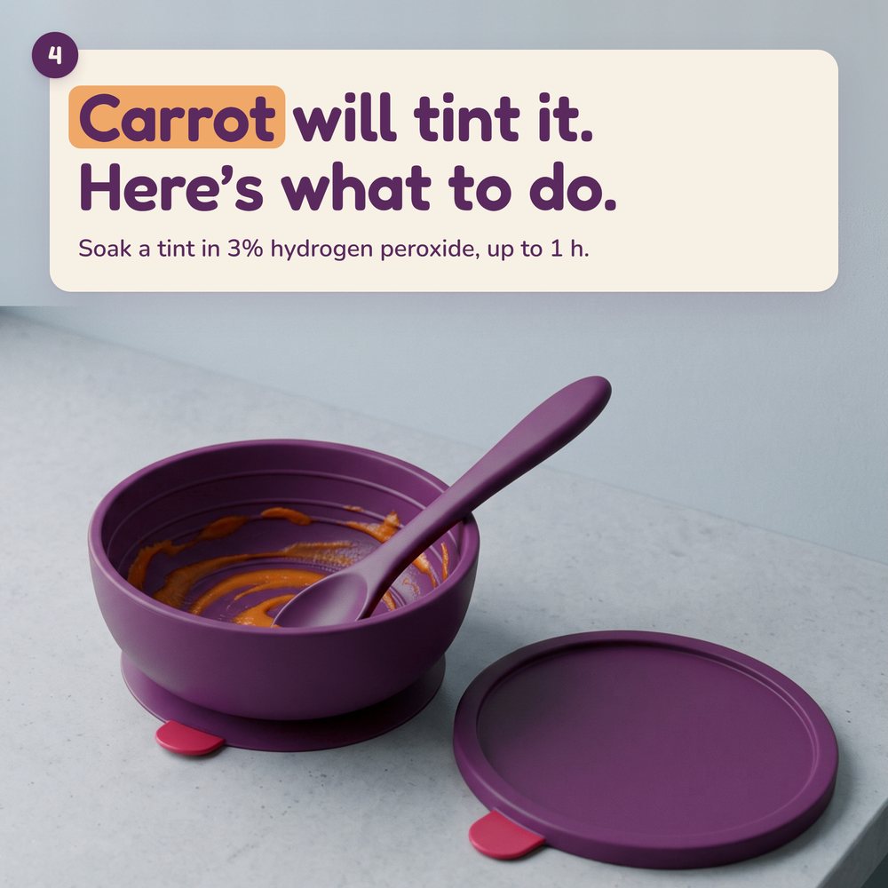Damson bowl and lid after a carrot meal: carrot tints it, 3% hydrogen peroxide lifts a tint