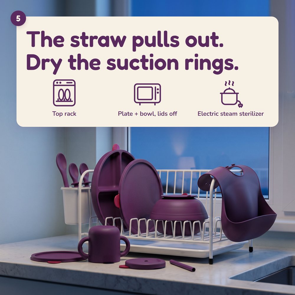 Linnet pieces drying apart on a dish rack at dusk, with dishwasher, microwave and sterilizer icons