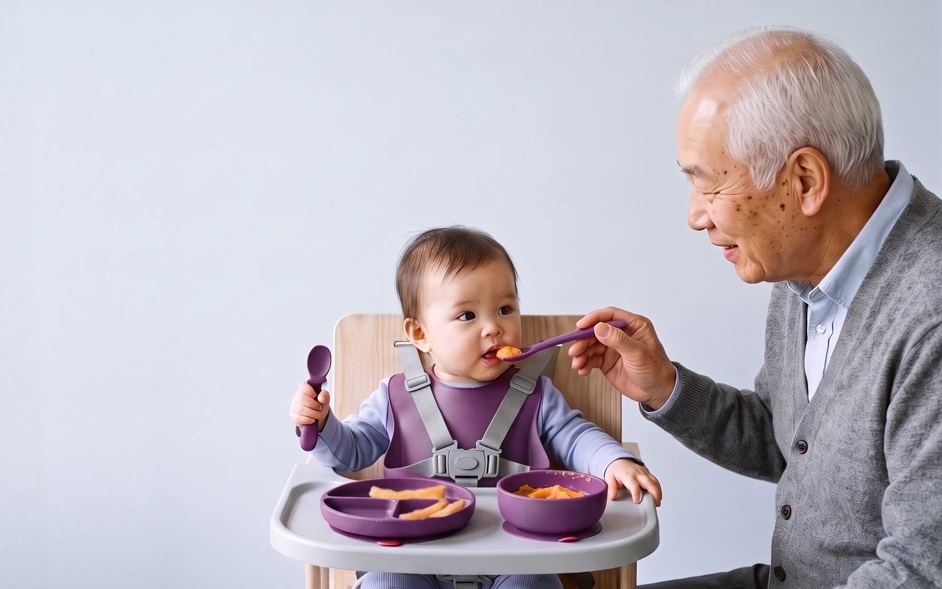 A grandfather feeds a baby in a high chair with the long spoon; the plum Linnet plate and bowl on the tray, a short spoon in her hand