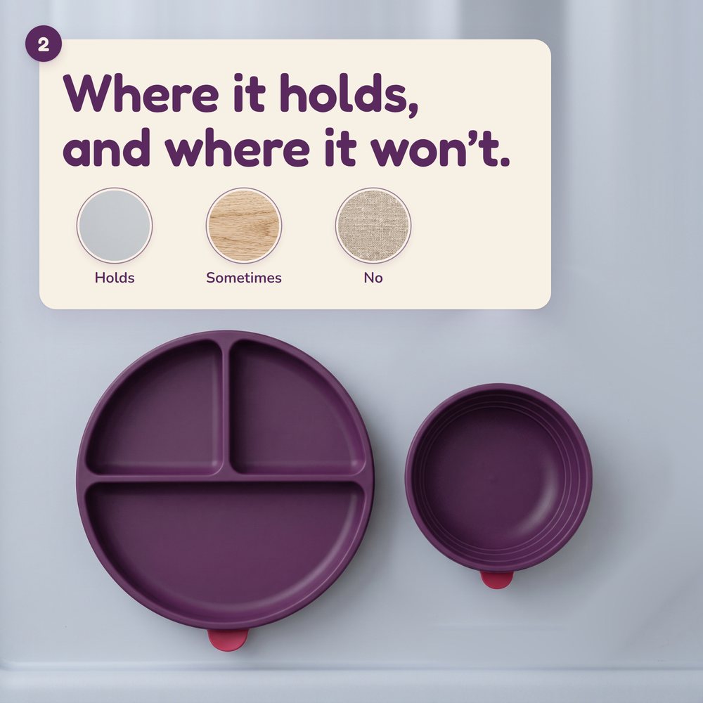 Damson plate and bowl on a smooth tray: where suction holds, where it may slip, where it won't