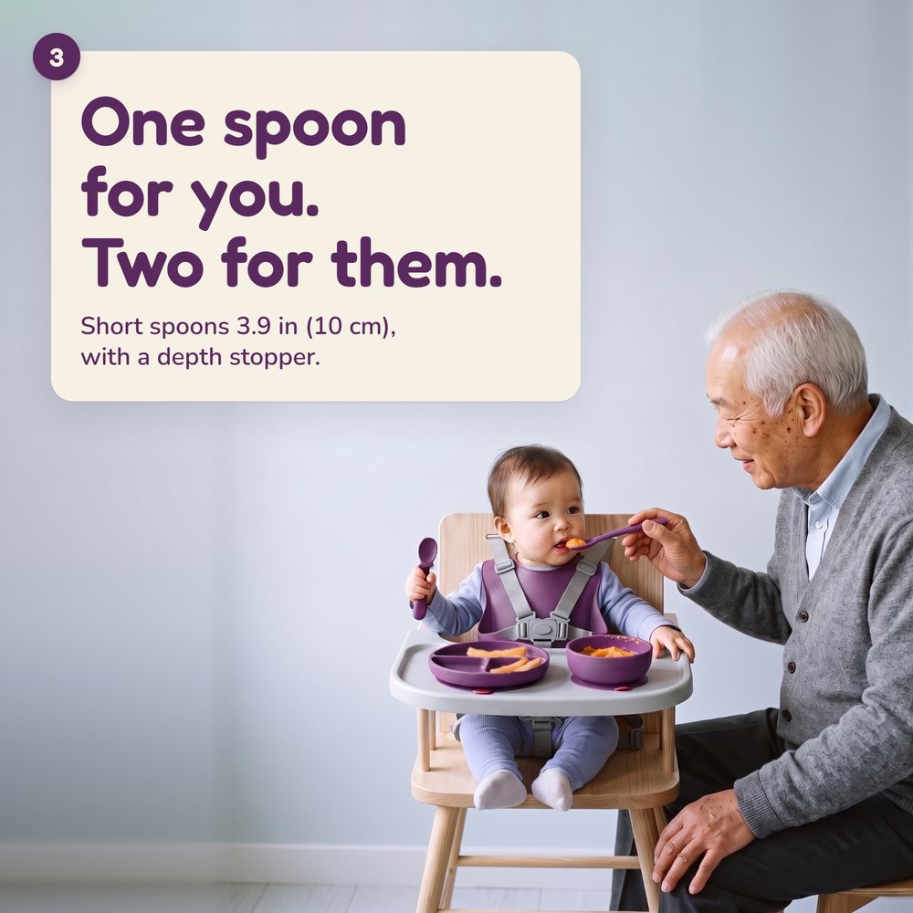 Grandfather feeding a 7-month-old in a high chair, harness on, Linnet spoons