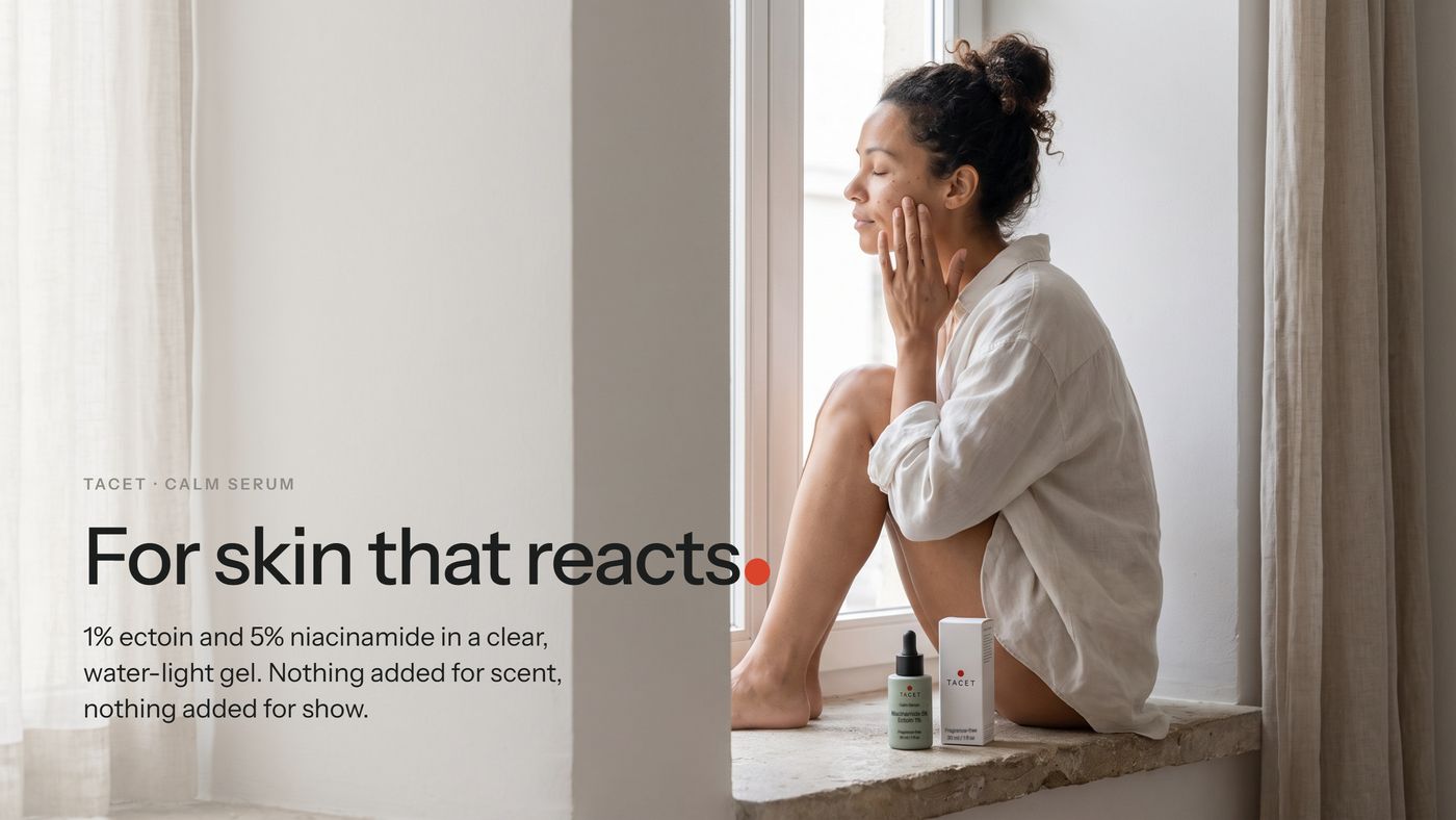 Opening spread: a woman seated on a windowsill with the bottle and carton, headline For skin that reacts