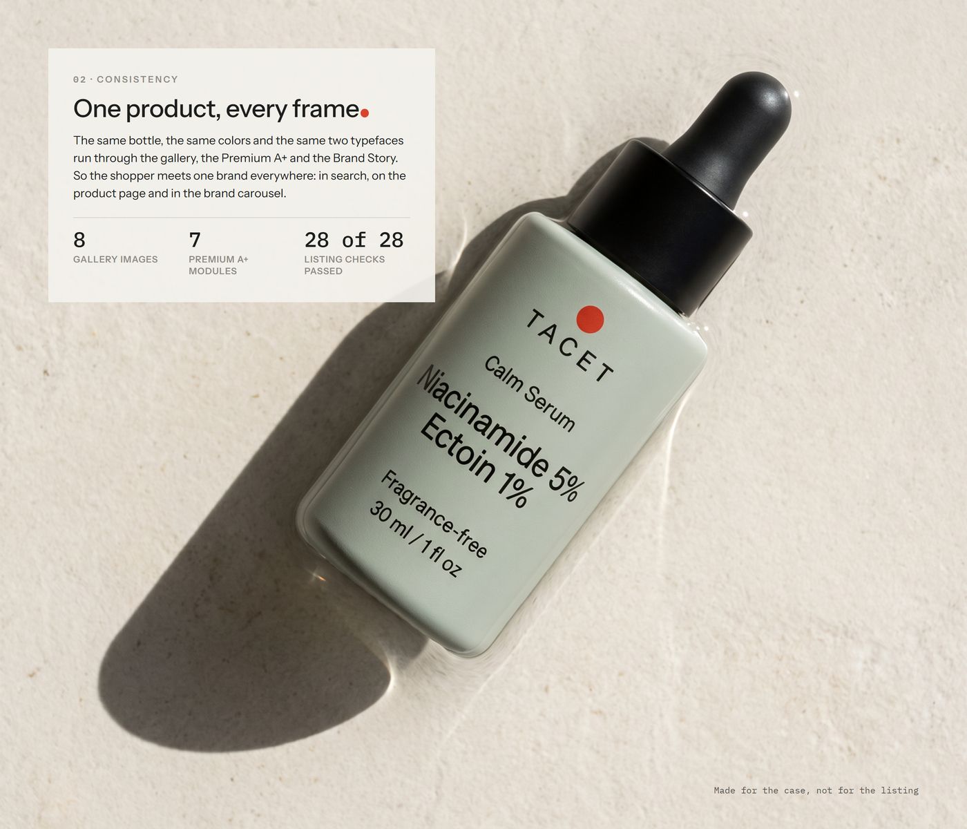 Chapter 02, one product in every frame: the bottle lying on pale stone, headline One product, every frame, with 8 gallery images, 7 Premium A+ modules and 28 of 28 listing checks passed