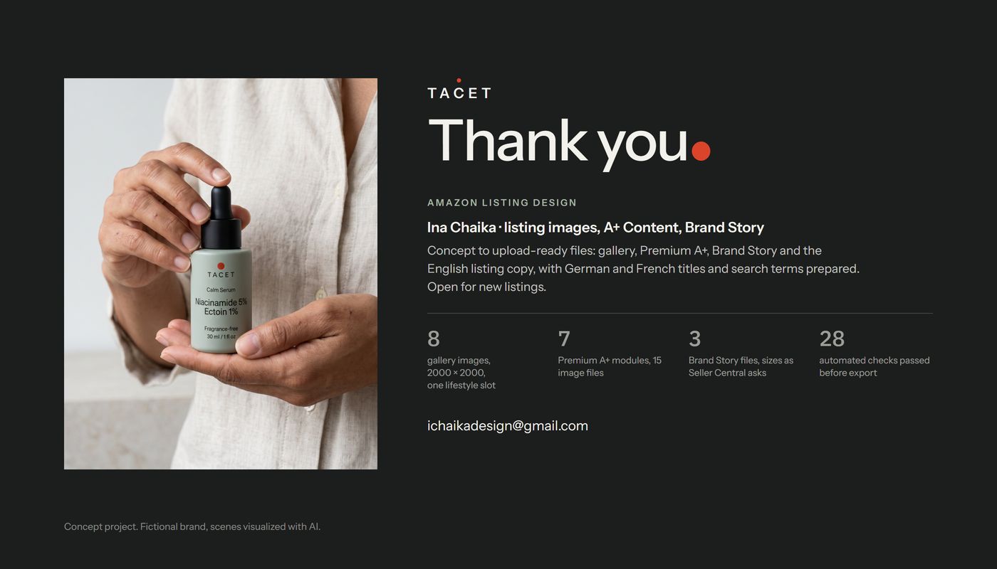 Closing panel: the bottle in cupped hands, thank you, package contents, contact