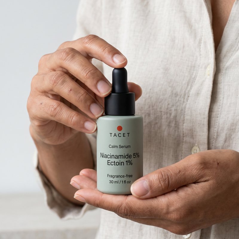 Hands holding the Tacet Calm Serum bottle, label facing the camera