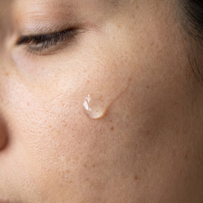 One clear drop of serum on a cheek, close up