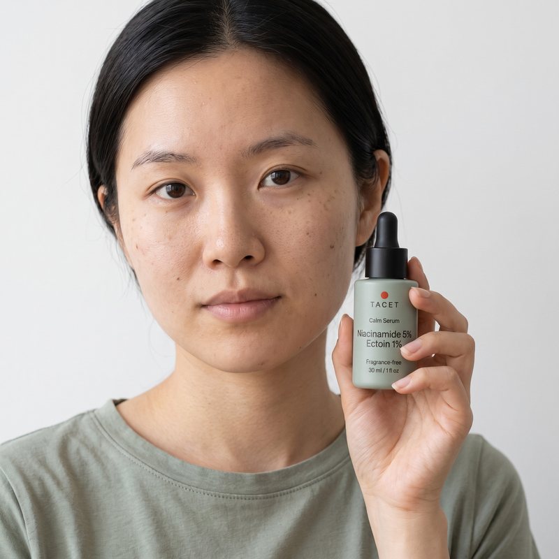 Woman holding the 30 ml bottle beside her cheek